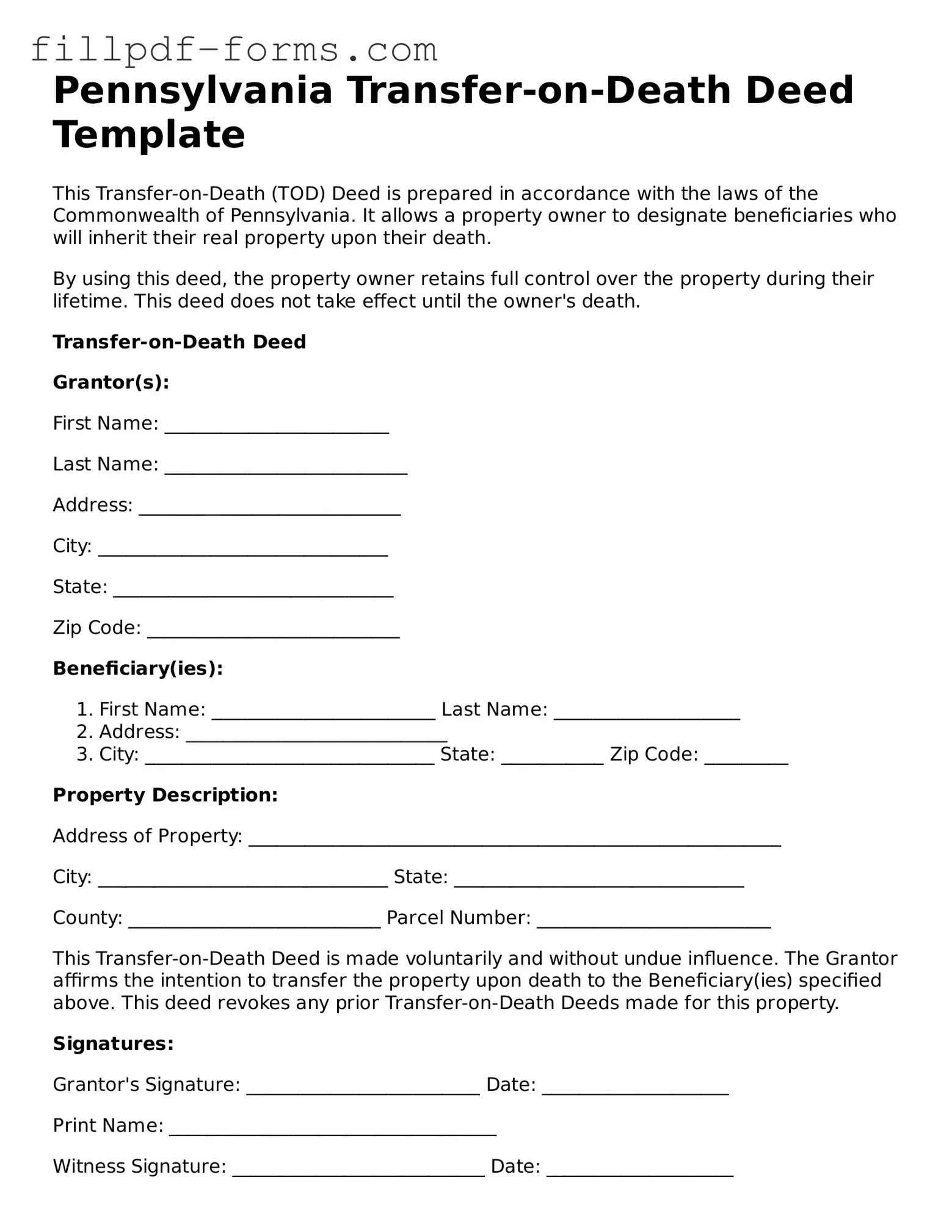 Fillable Transfer-on-Death Deed Template for the State of Pennsylvania