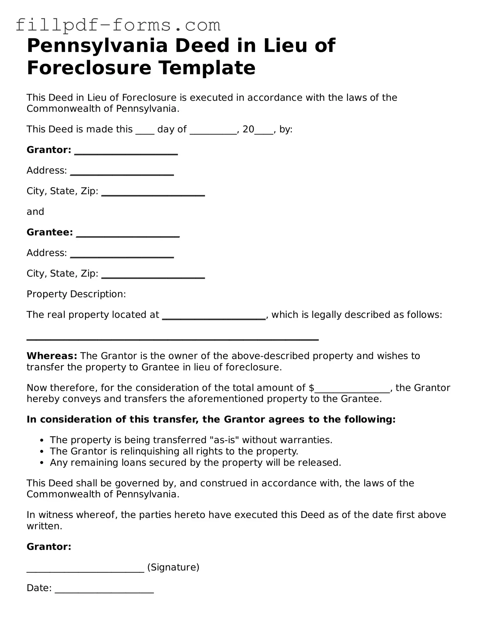 Fillable Deed in Lieu of Foreclosure Template for the State of Pennsylvania