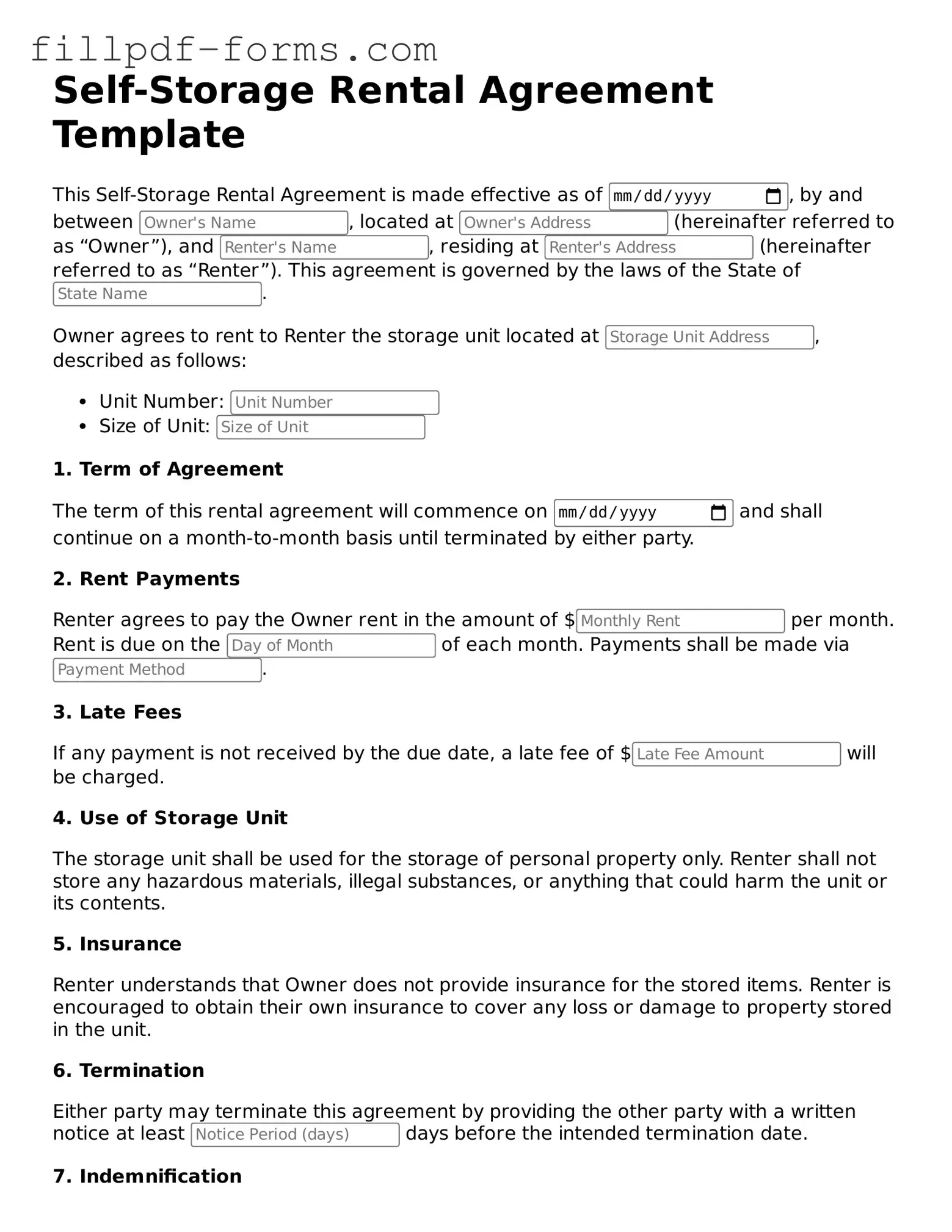 Fillable Self-Storage Rental Agreement Template
