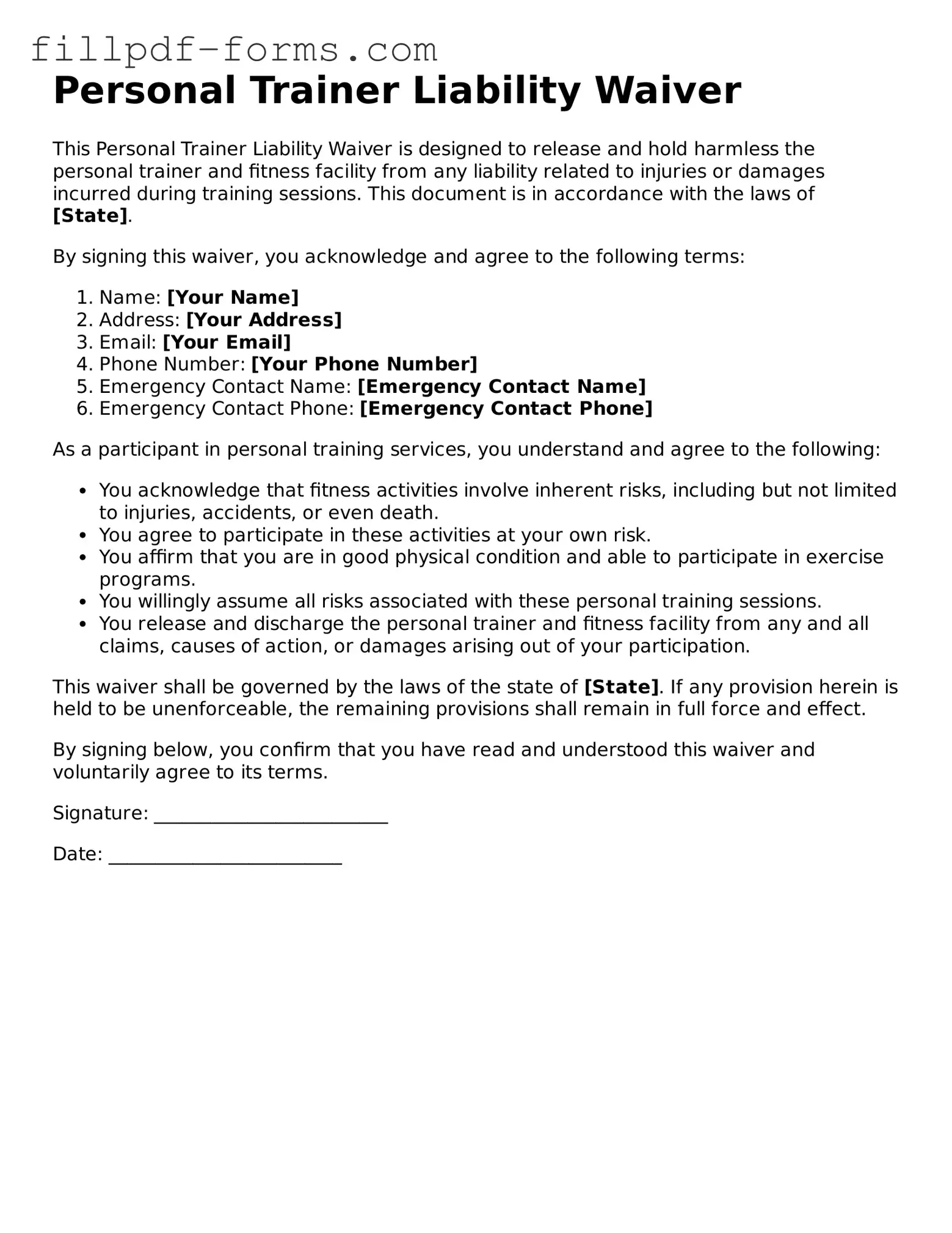 Fillable Personal Trainer Liability Waiver Template