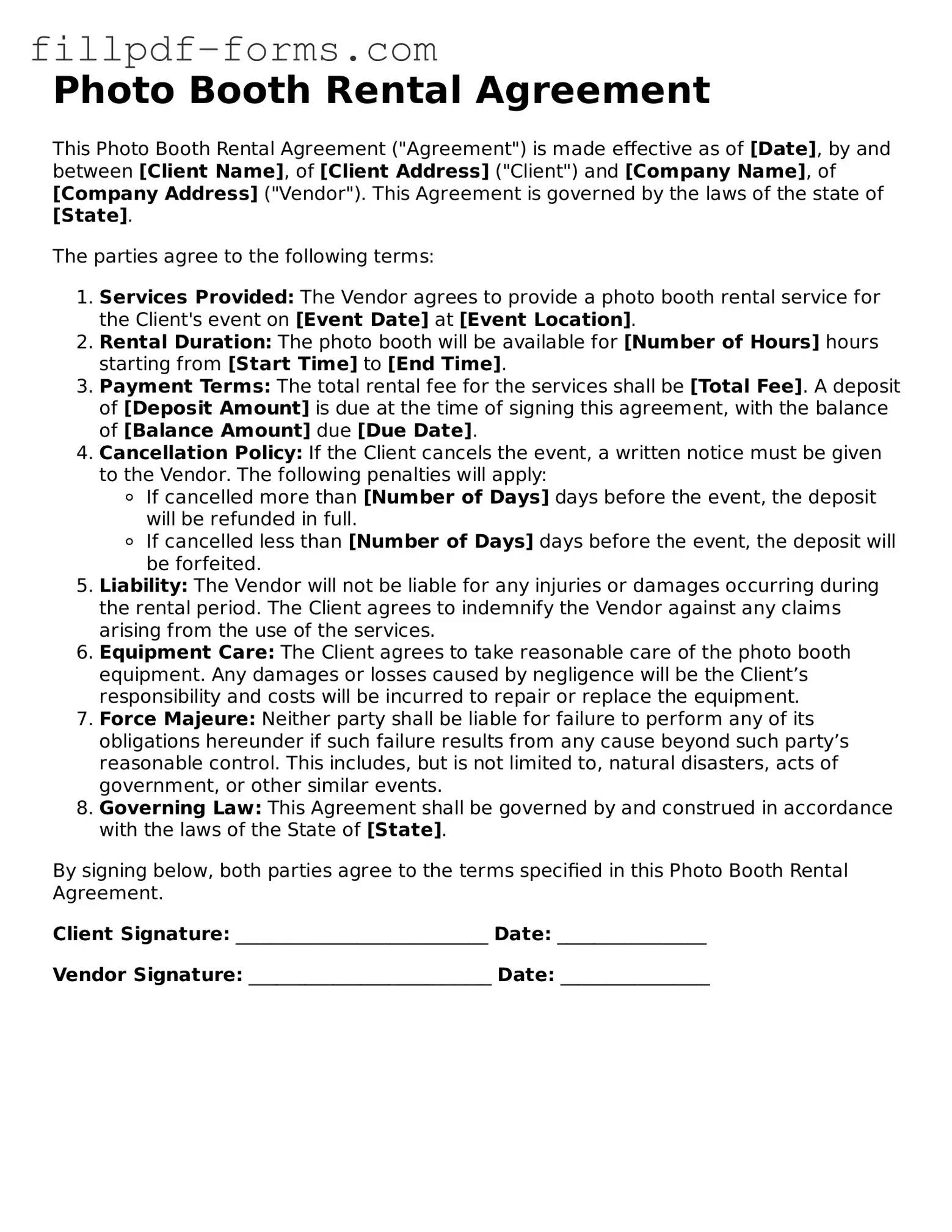 Fillable Photo Booth Rental Agreement Template