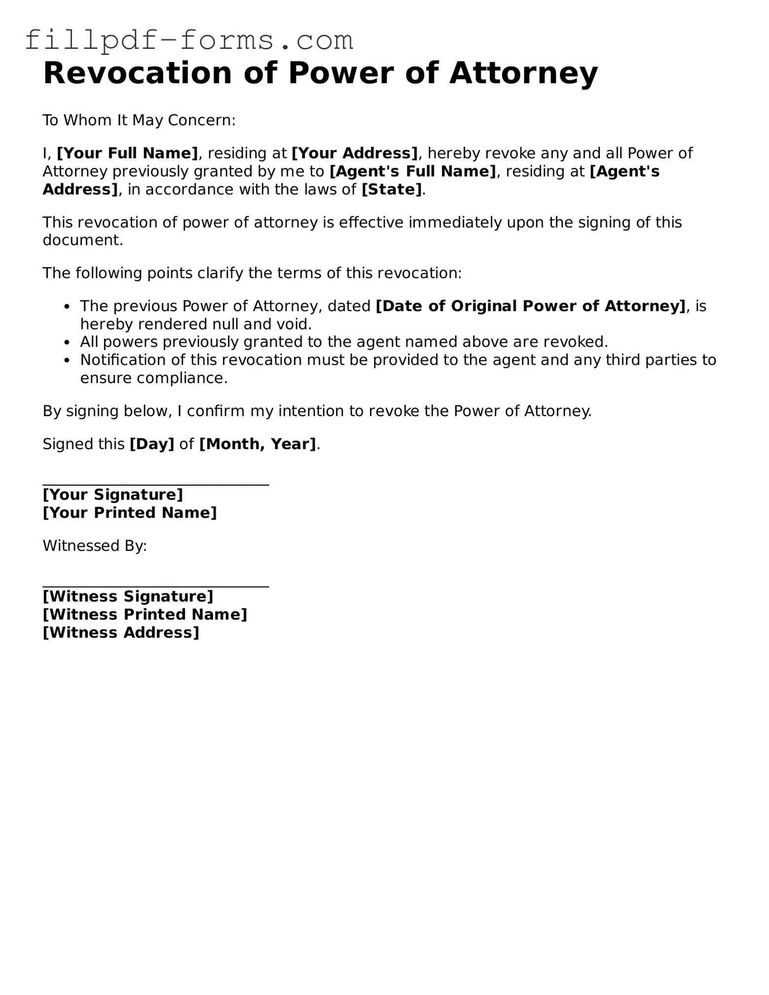 Fillable Revocation of Power of Attorney Template
