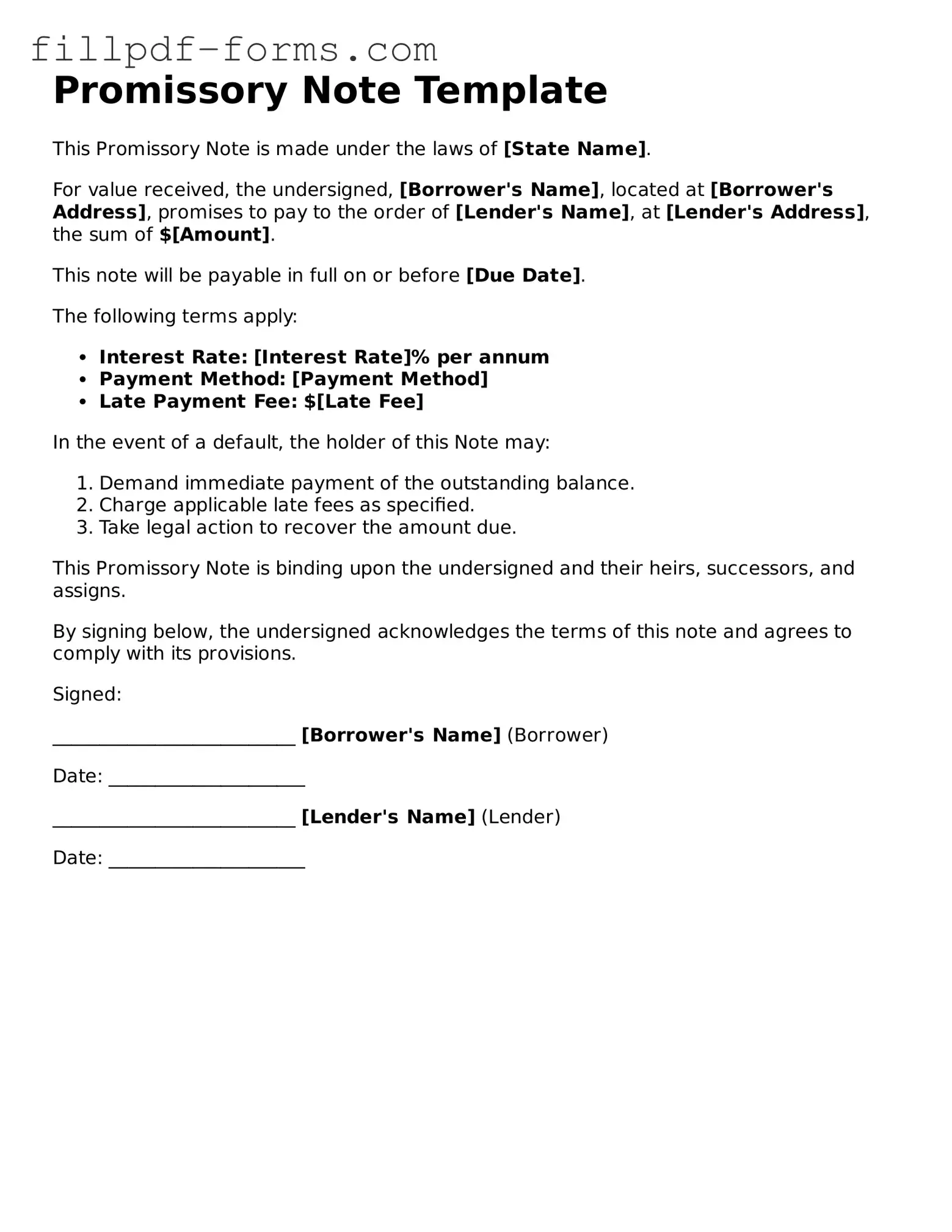 Fillable Promissory Note Template