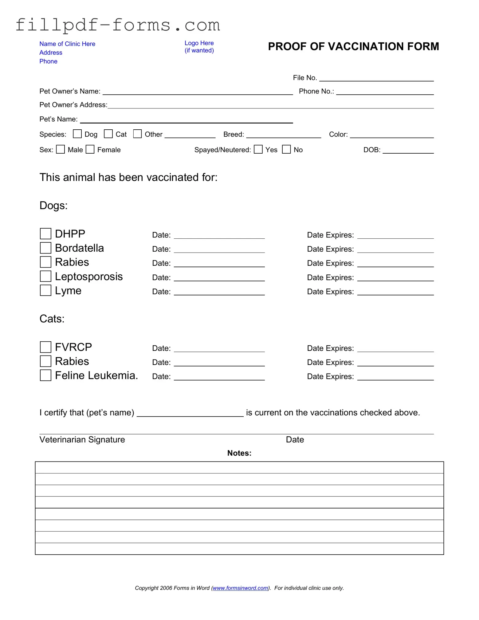 Proof Of Vaccination Dog PDF Form