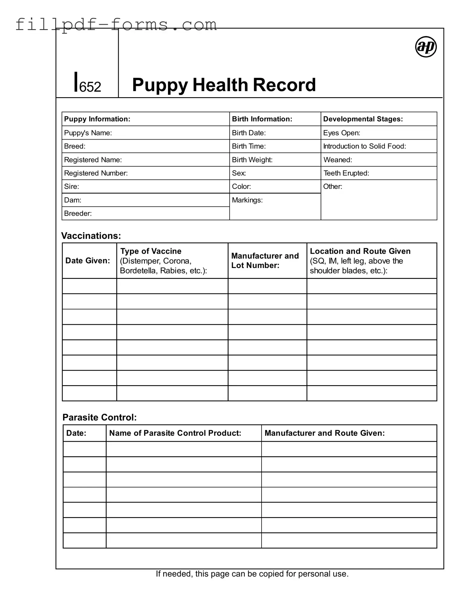 Puppy Health Record PDF Form