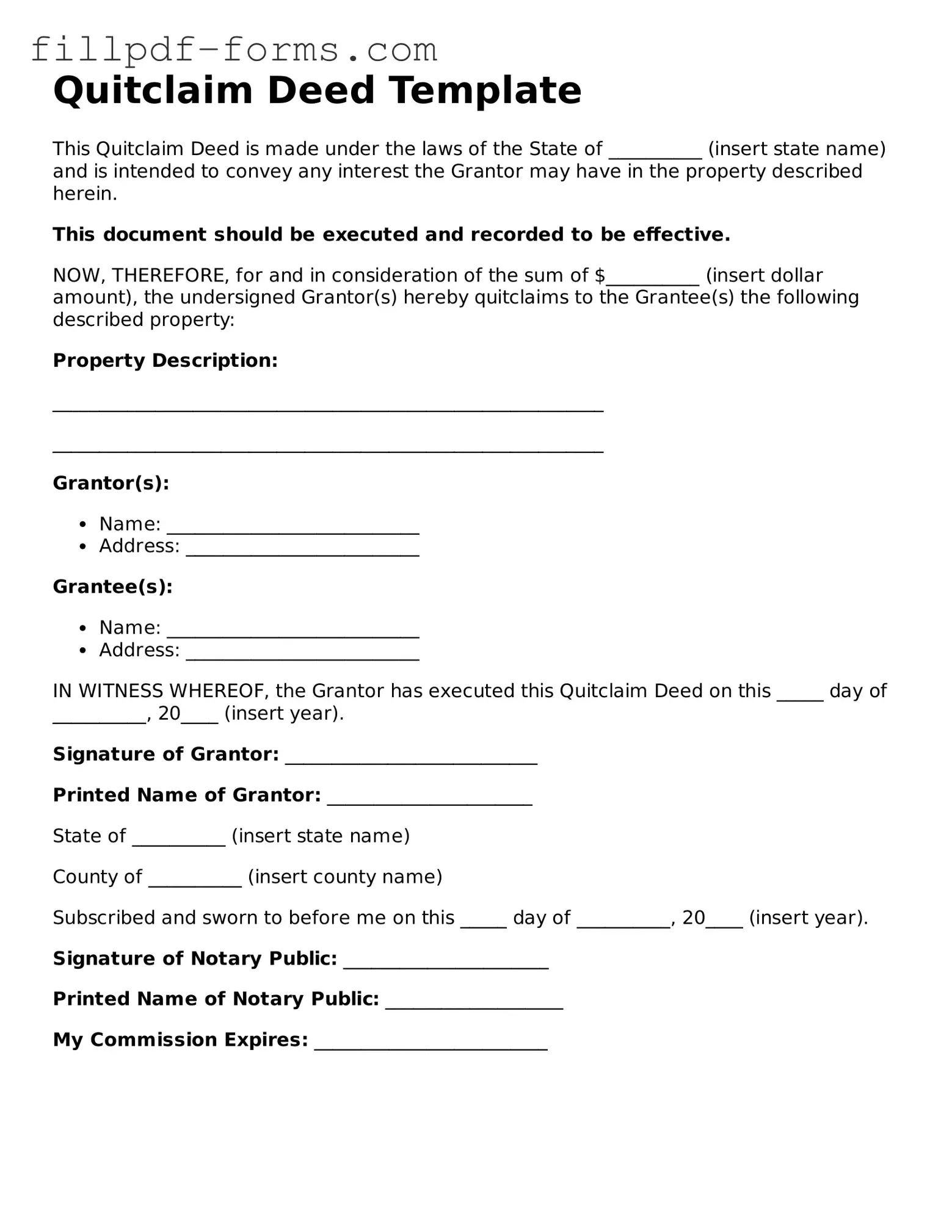 Fillable Quitclaim Deed Template