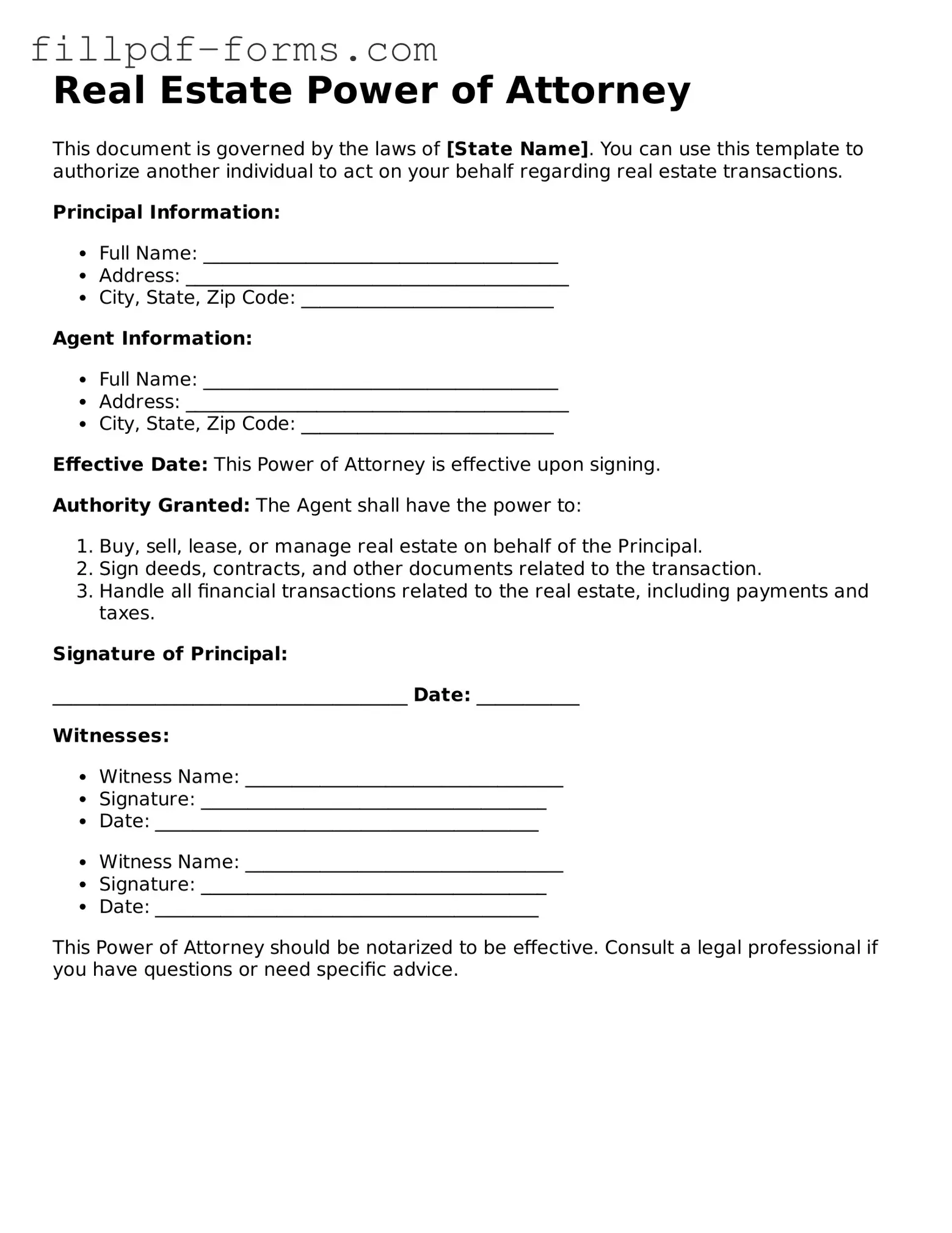 Fillable Real Estate Power of Attorney Template