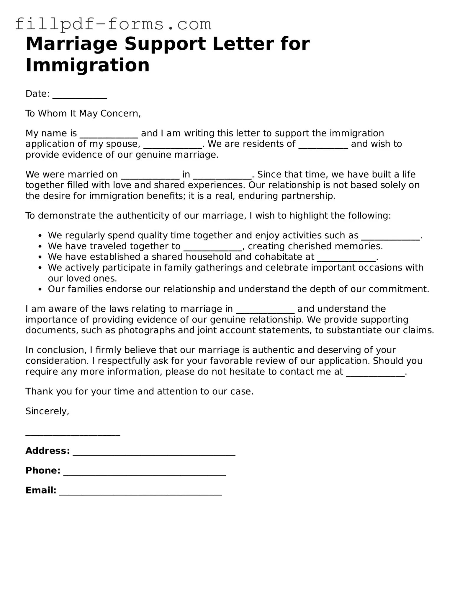 Fillable Marriage Support Letter for Immigration Template