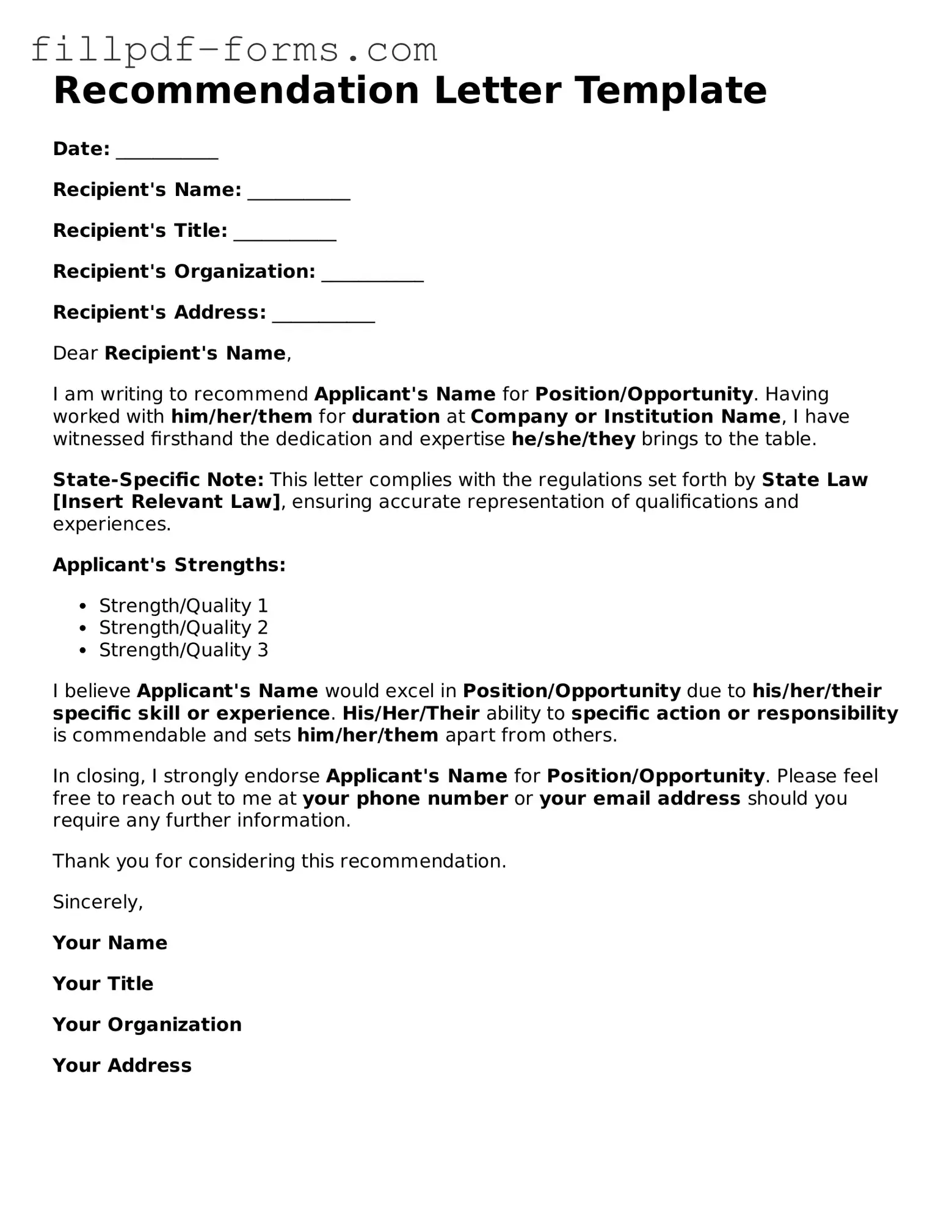 Fillable Recommendation Letter Template