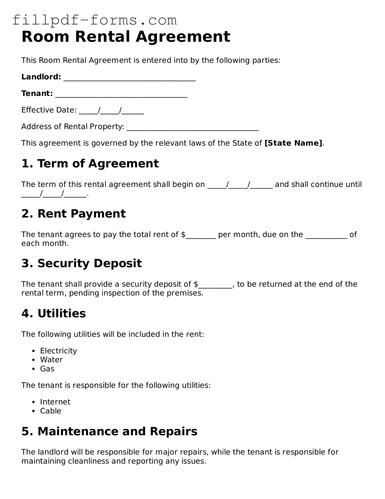 Fillable Room Rental Agreement Template