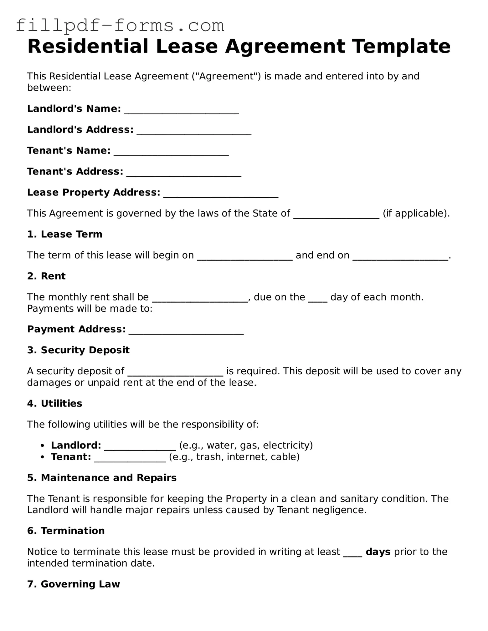 Fillable Lease Agreement Template