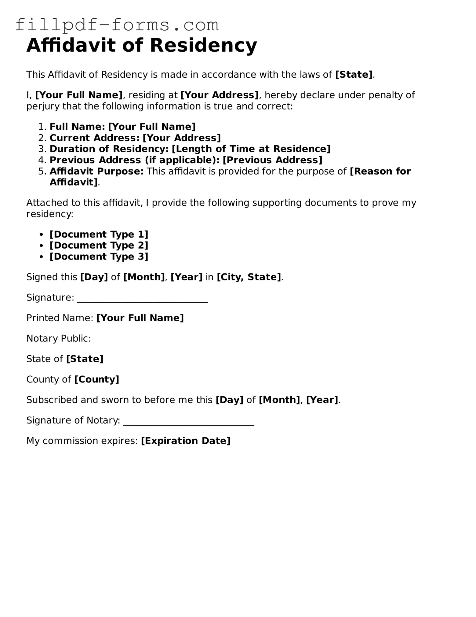 Fillable Affidavit of Residency Template