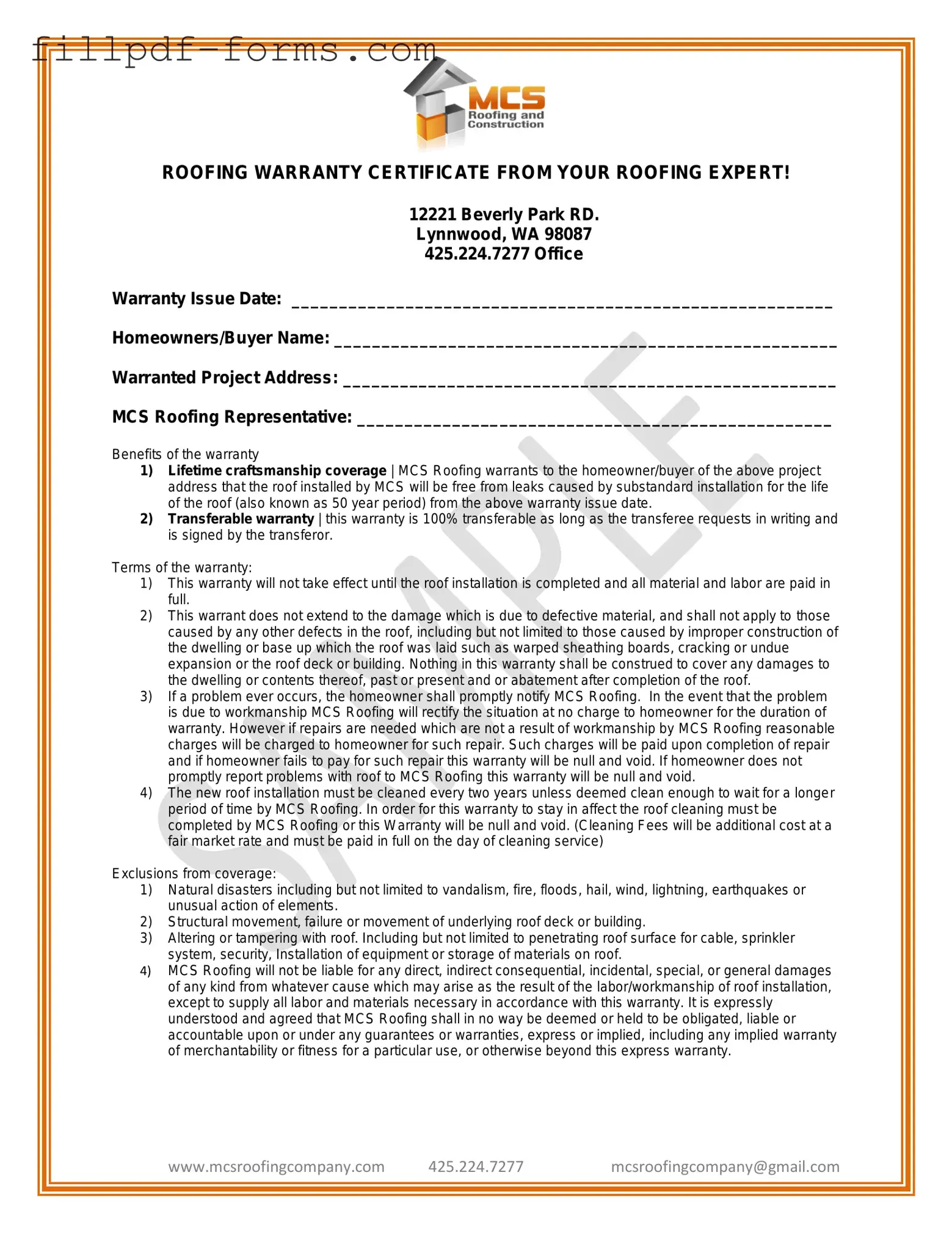 Roofing Warranty Certificate PDF Form