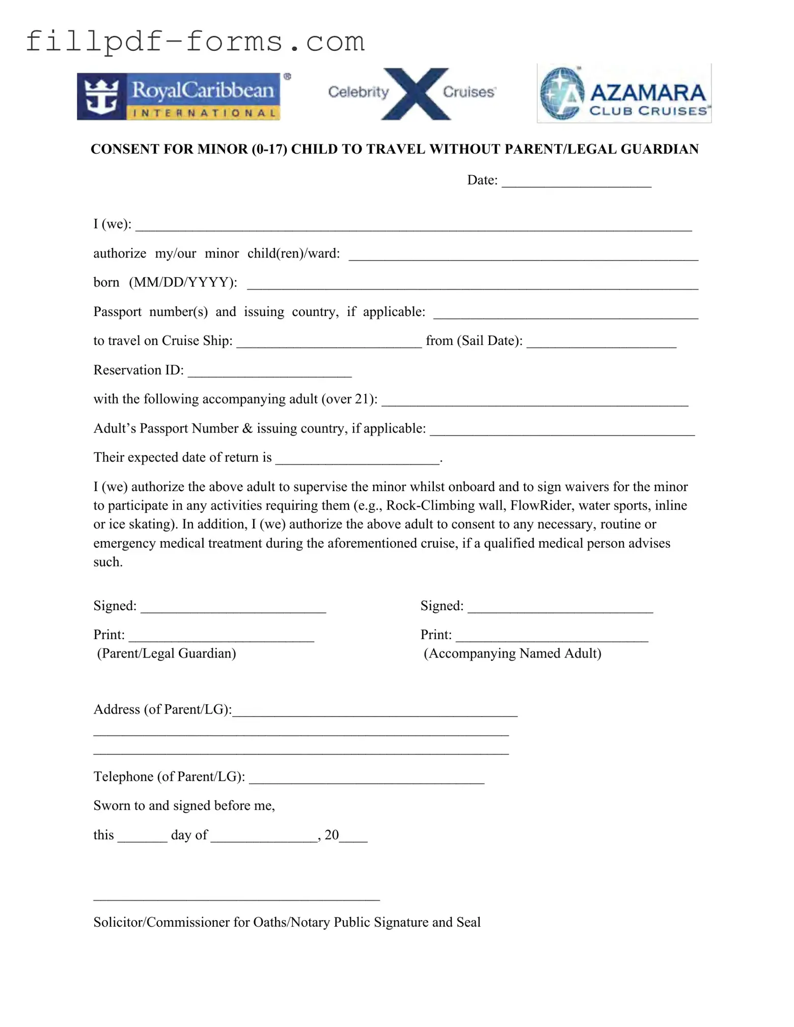 Royal Caribbean Parental Consent PDF Form