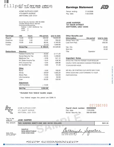 Adp Pay Stub PDF Form