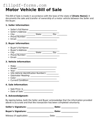 Fillable Motor Vehicle Bill of Sale Template
