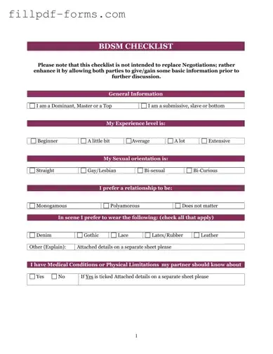 Bdsm Checklist PDF Form