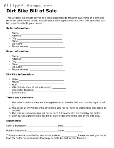 Fillable Dirt Bike Bill of Sale Template