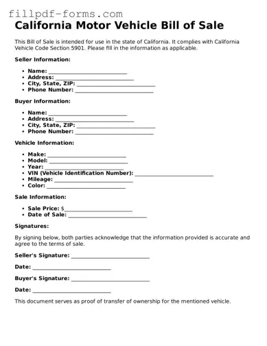 Fillable Motor Vehicle Bill of Sale Template for the State of California