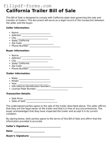 Fillable Trailer Bill of Sale Template for the State of California