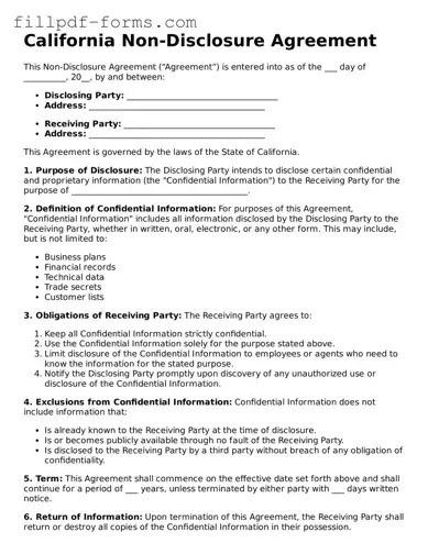 Fillable Non-disclosure Agreement Template for the State of California