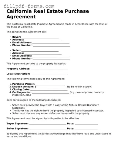 Fillable Real Estate Purchase Agreement Template for the State of California