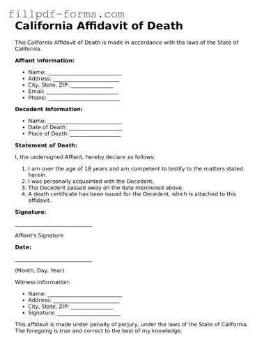 Fillable Affidavit of Death Template for the State of California