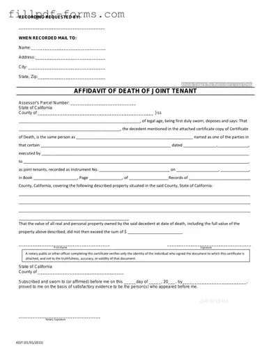 California Death of a Joint Tenant Affidavit PDF Form