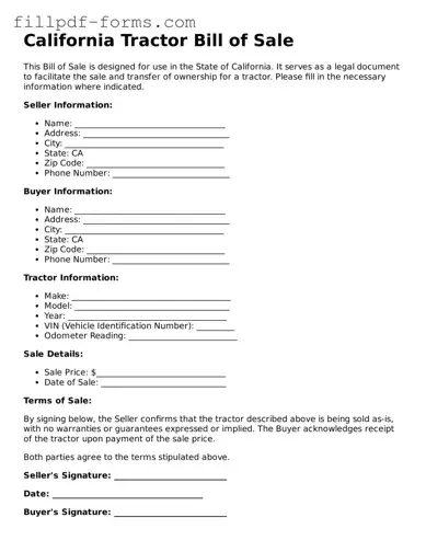 Fillable Tractor Bill of Sale Template for the State of California