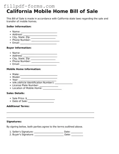 Fillable Mobile Home Bill of Sale Template for the State of California
