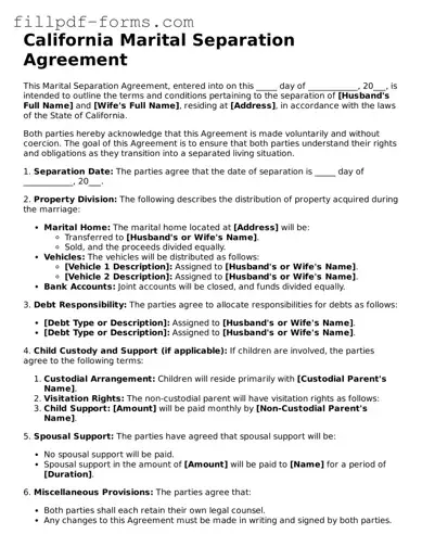 Fillable Marital Separation Agreement Template for the State of California