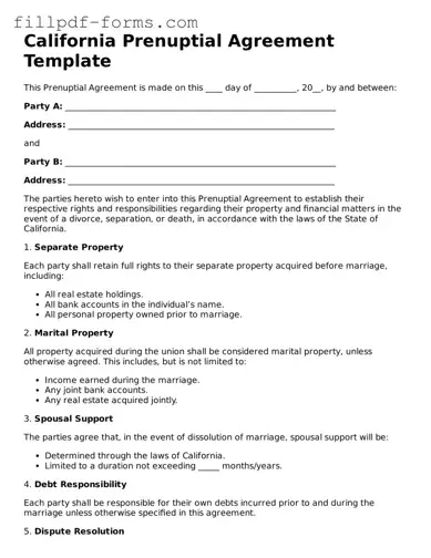 Fillable Prenuptial Agreement Template for the State of California