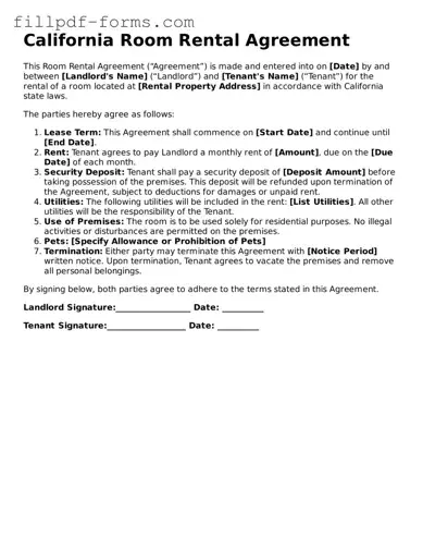Fillable Room Rental Agreement Template for the State of California