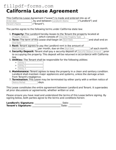 Fillable Lease Agreement Template for the State of California
