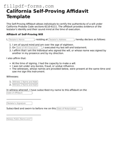 Fillable Self-Proving Affidavit Template for the State of California