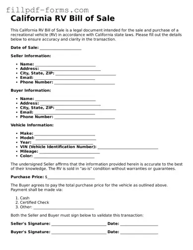 Fillable RV Bill of Sale Template for the State of California