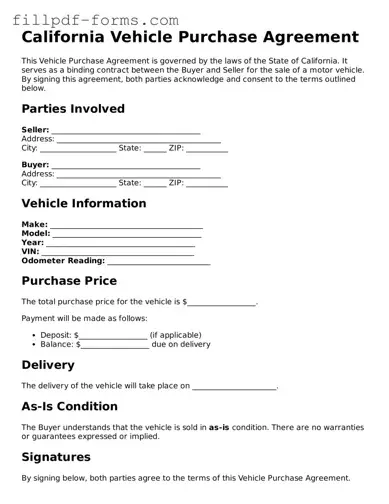 Fillable Vehicle Purchase Agreement Template for the State of California