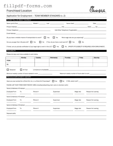 Chick Fil A Job Application PDF Form