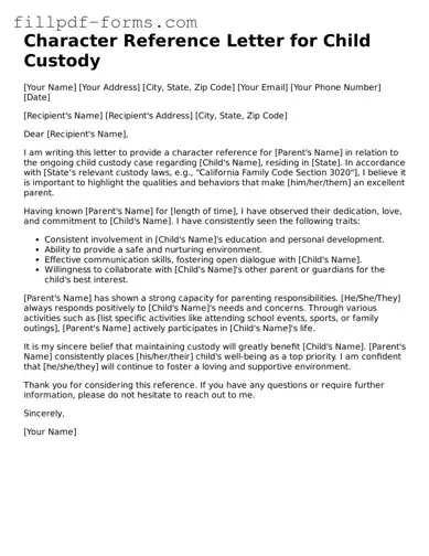 Fillable Character Reference Letter for Child Custody Template