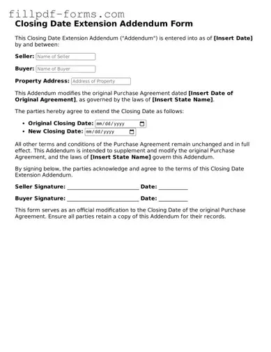 Fillable Closing Date Extension Addendum Form Template