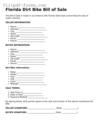 Fillable Dirt Bike Bill of Sale Template for the State of Florida