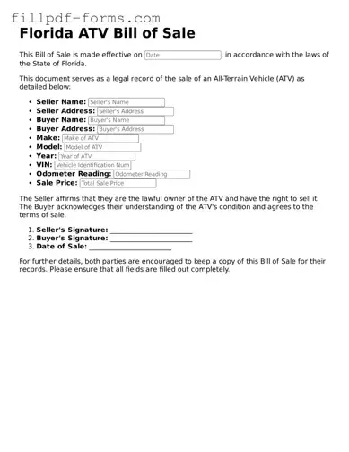 Fillable ATV Bill of Sale Template for the State of Florida