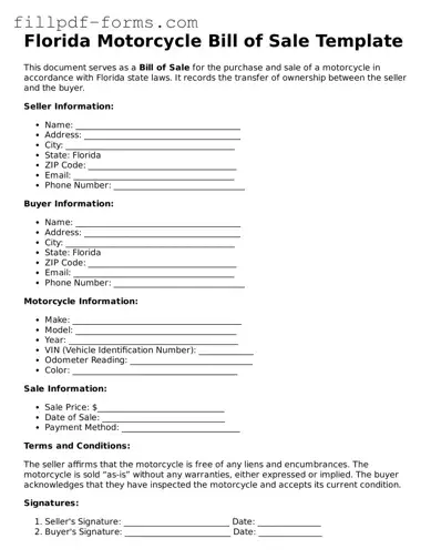 Fillable Motorcycle Bill of Sale Template for the State of Florida