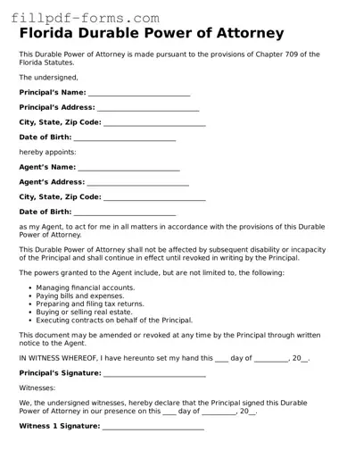 Fillable Durable Power of Attorney Template for the State of Florida