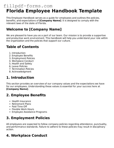 Fillable Employee Handbook Template for the State of Florida