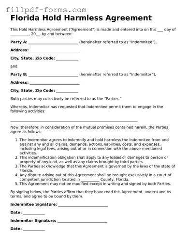 Fillable Hold Harmless Agreement Template for the State of Florida