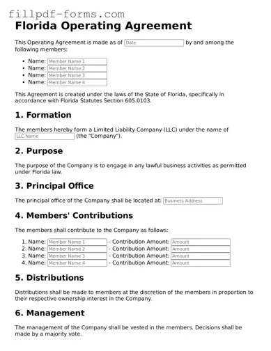 Fillable Operating Agreement Template for the State of Florida