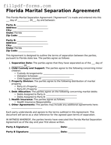 Fillable Marital Separation Agreement Template for the State of Florida