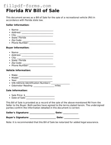 Fillable RV Bill of Sale Template for the State of Florida