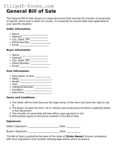 Fillable General Bill of Sale Template